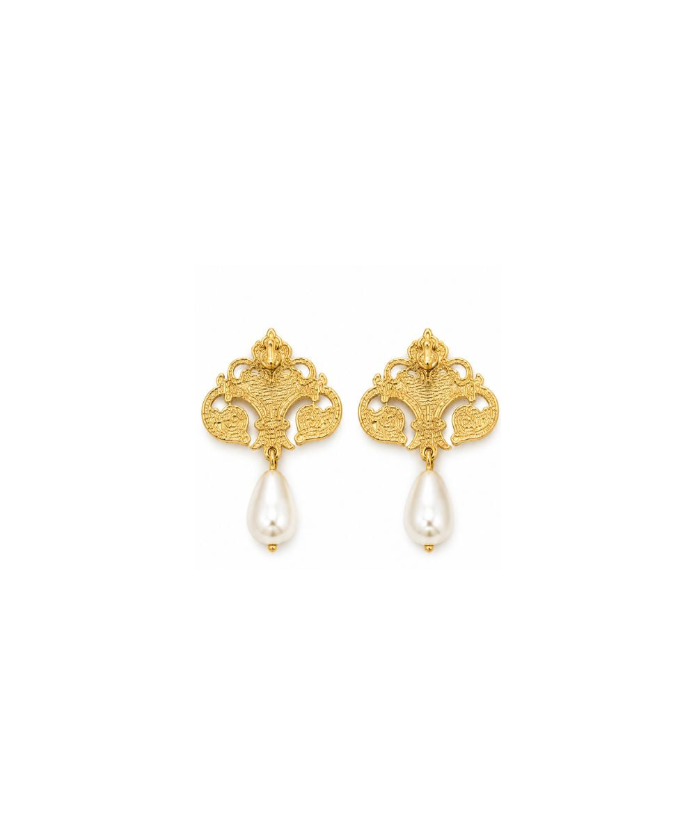 Gold Plated Filigree Style Pearl Drop Earrings