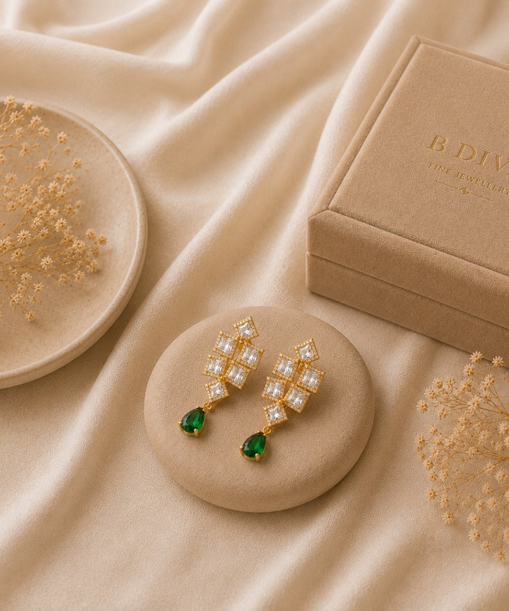 Gold Plated Green  Cubic Zirconia Drop Earrings