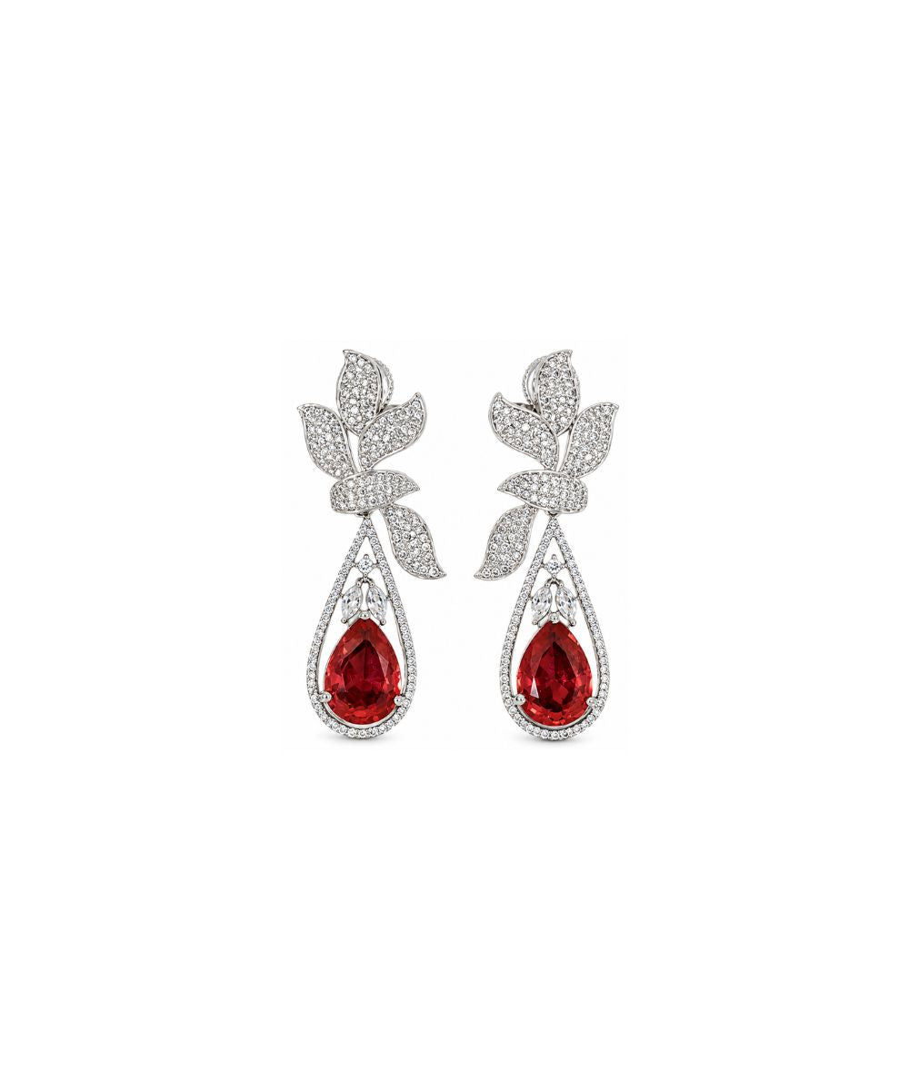 Rhodium Plated Red Cubic Zirconia Floral Style Drop Earrings