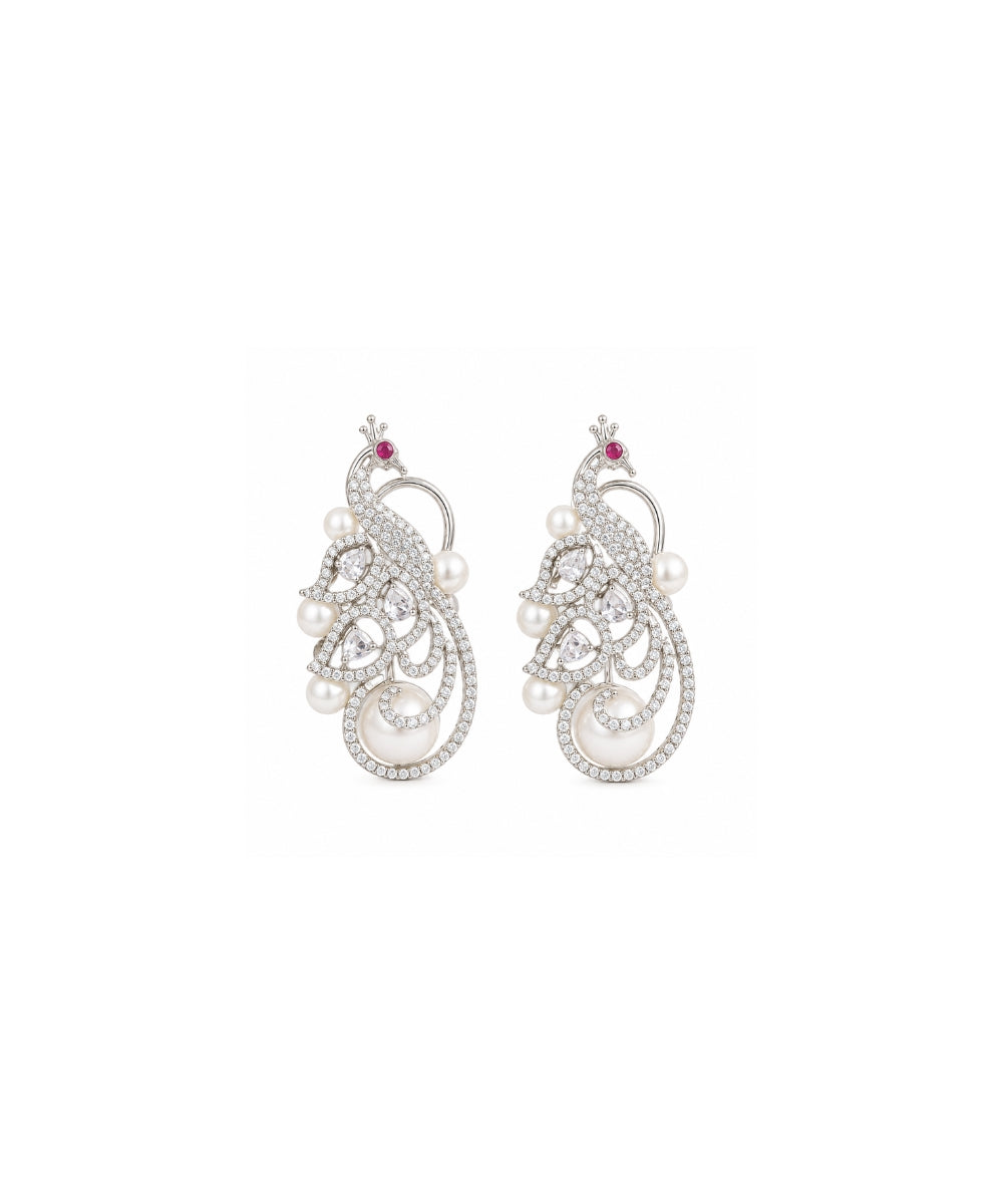 Rhodium Plated Cubic Zirconia Pearl Peacock Drop Earrings