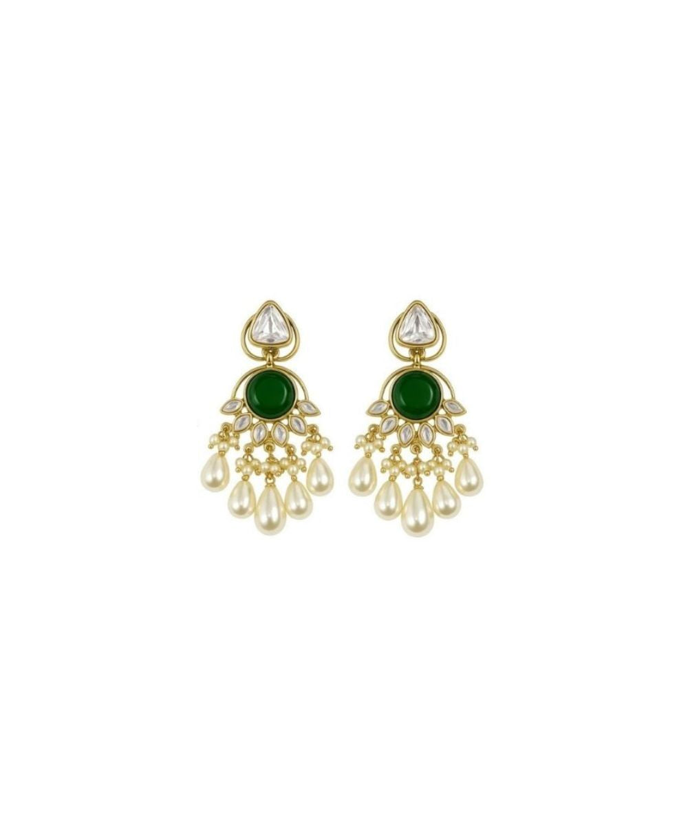 Gold Plated Green Stone Pearl Drop Earrings