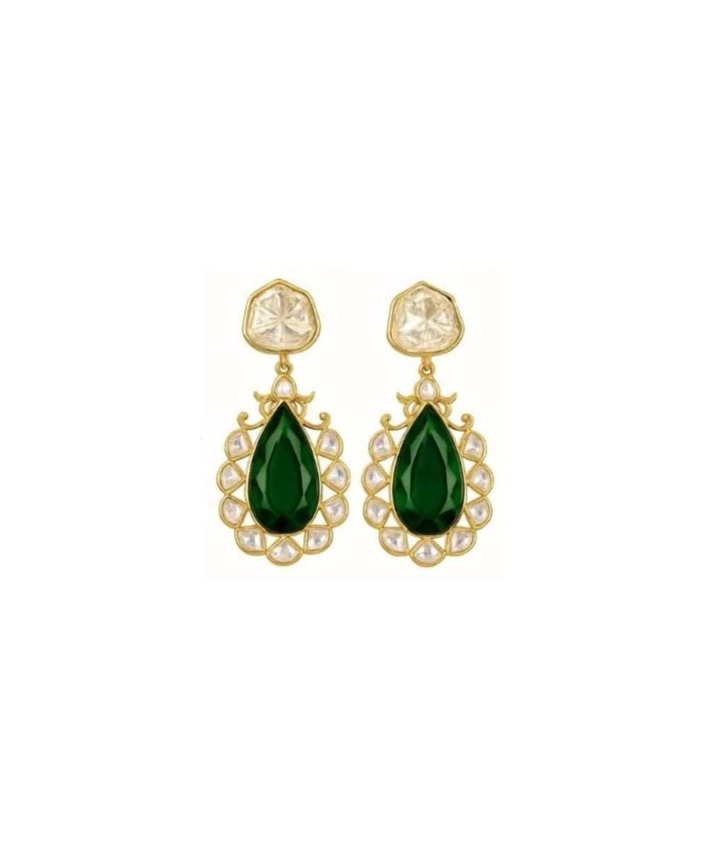 Gold Plated Green Stone Kundan Drop Earrings