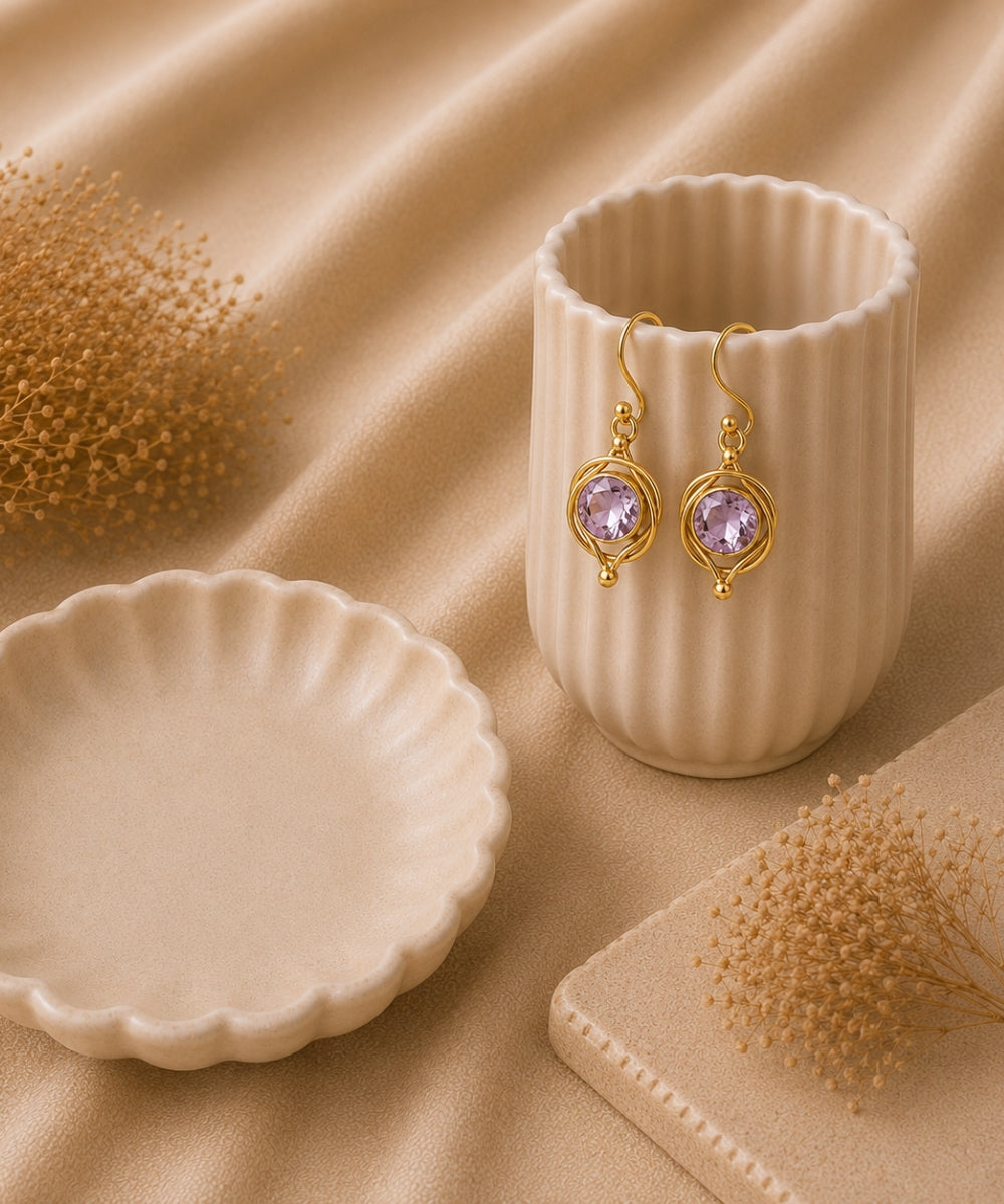 Gold Plated Round Pink Cubic Zirconia Drop Earrings
