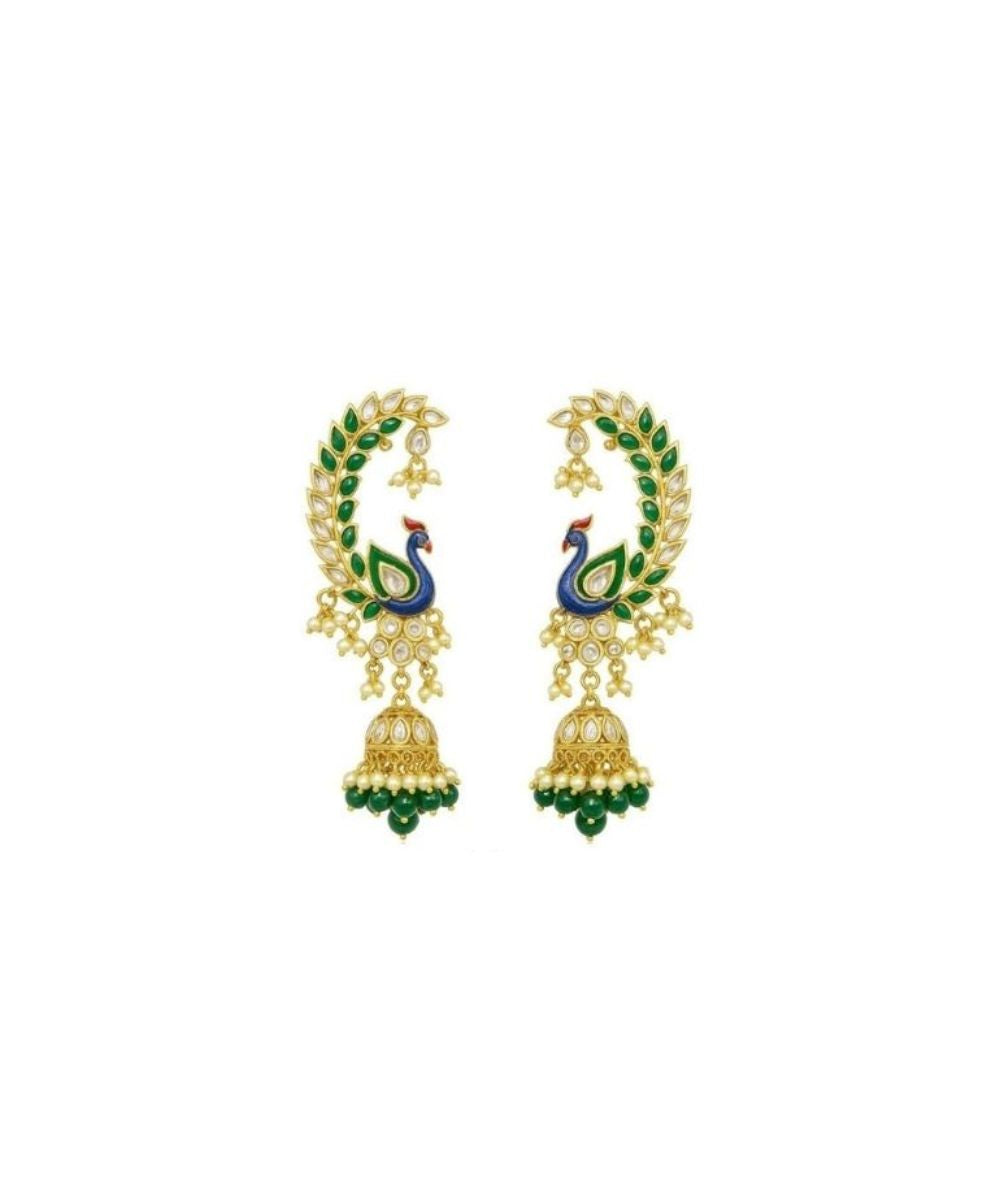 Gold Plated Multi Color Kundan Peacock Style Earrings