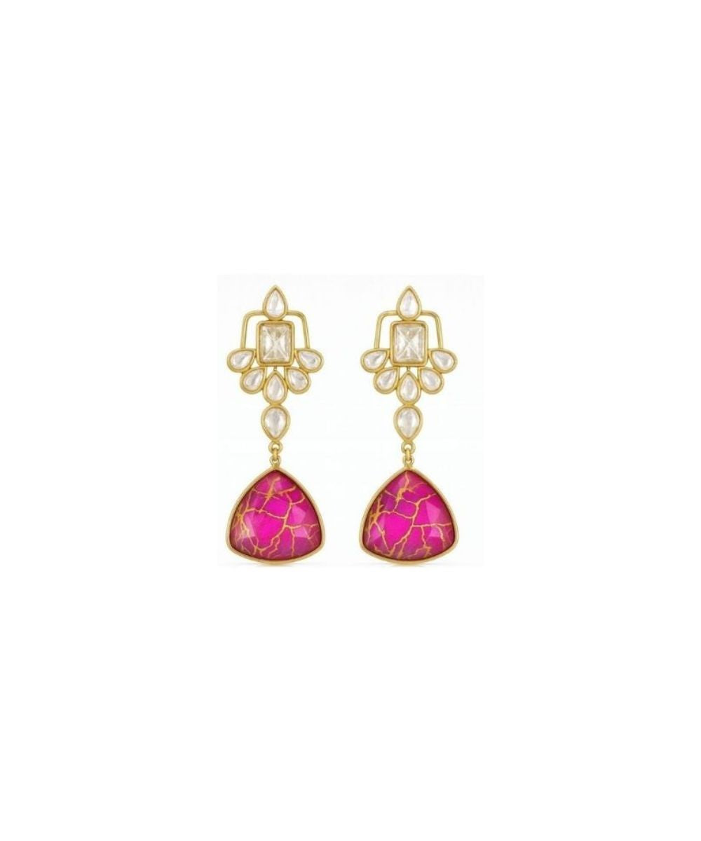 Gold Plated Pink Kundan Drop Earrings