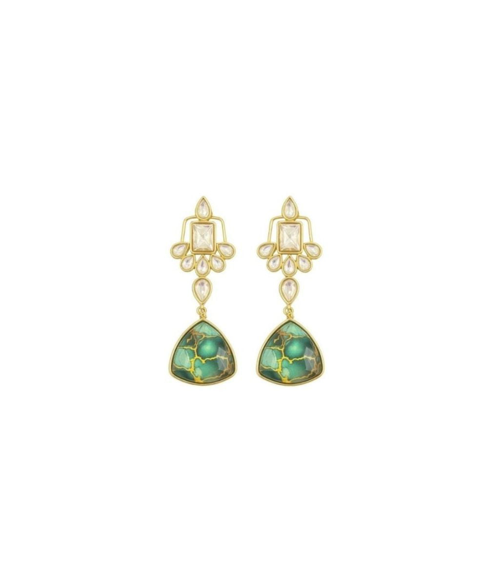 Gold Plated Green Kundan Drop Earrings