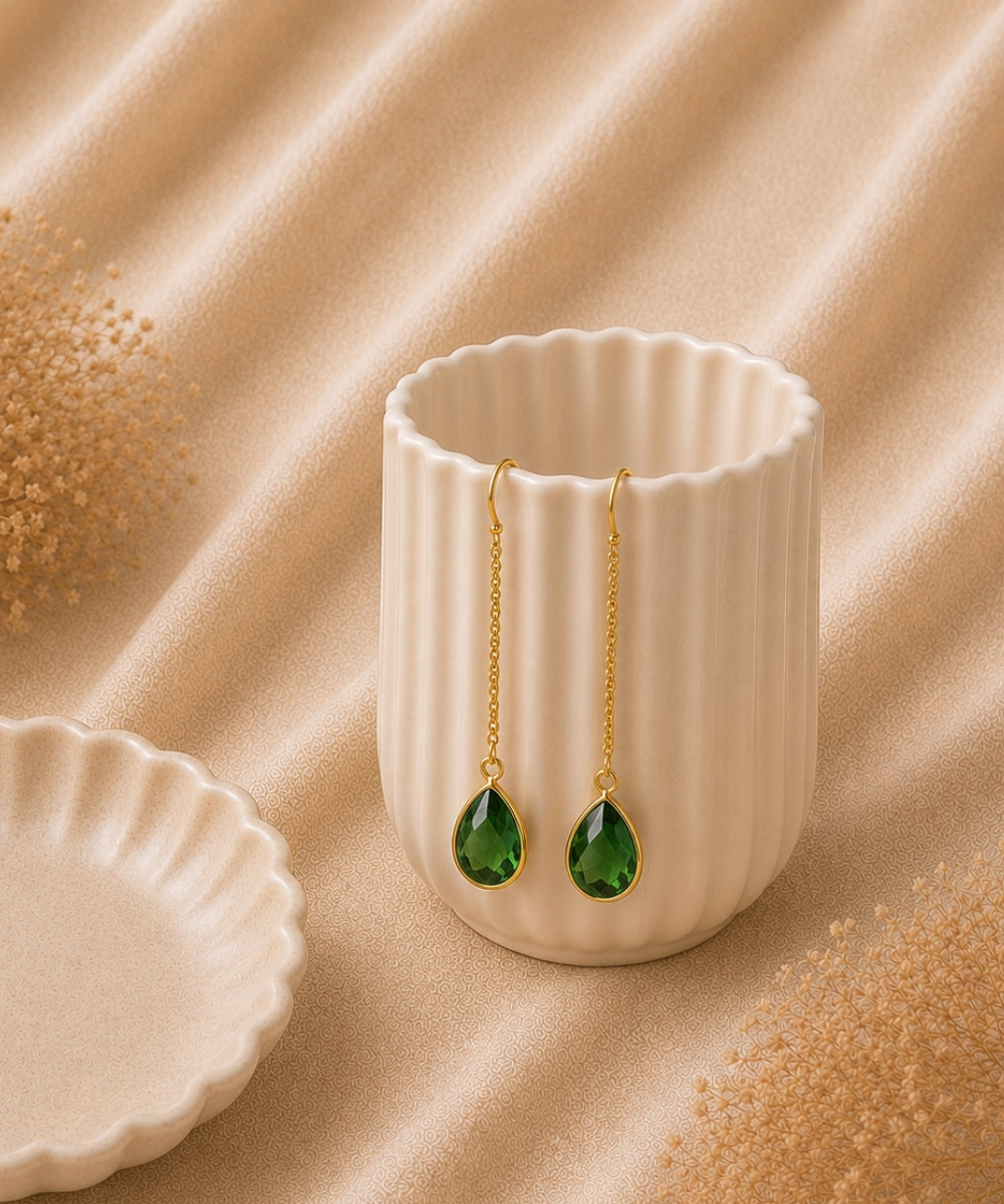 Gold Plated Green Cubic Zirconia Link Drop Earrings