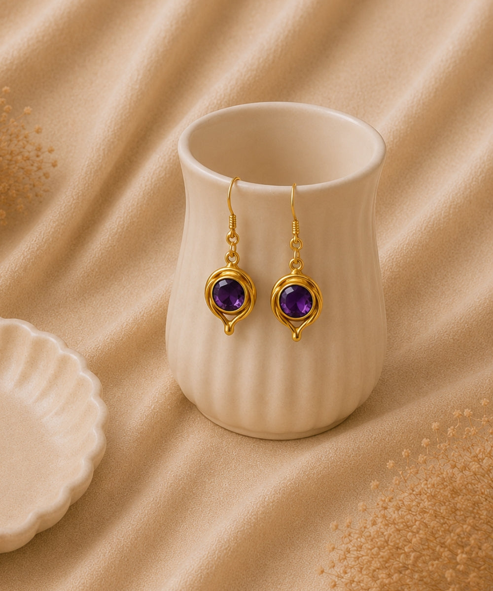 Gold Plated Round Purple Cubic Zirconia Drop Earrings
