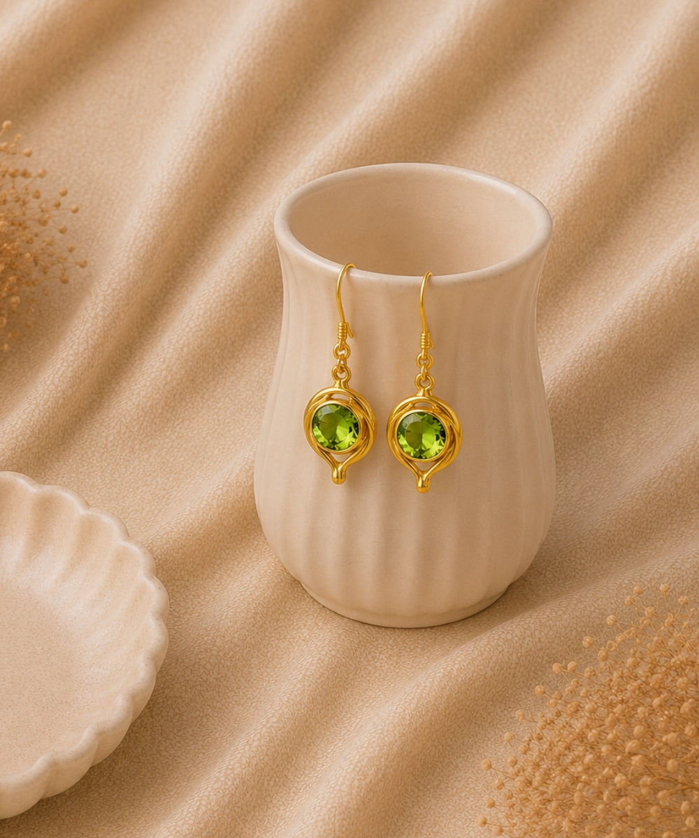 Gold Plated Round Green Cubic Zirconia Drop Earrings