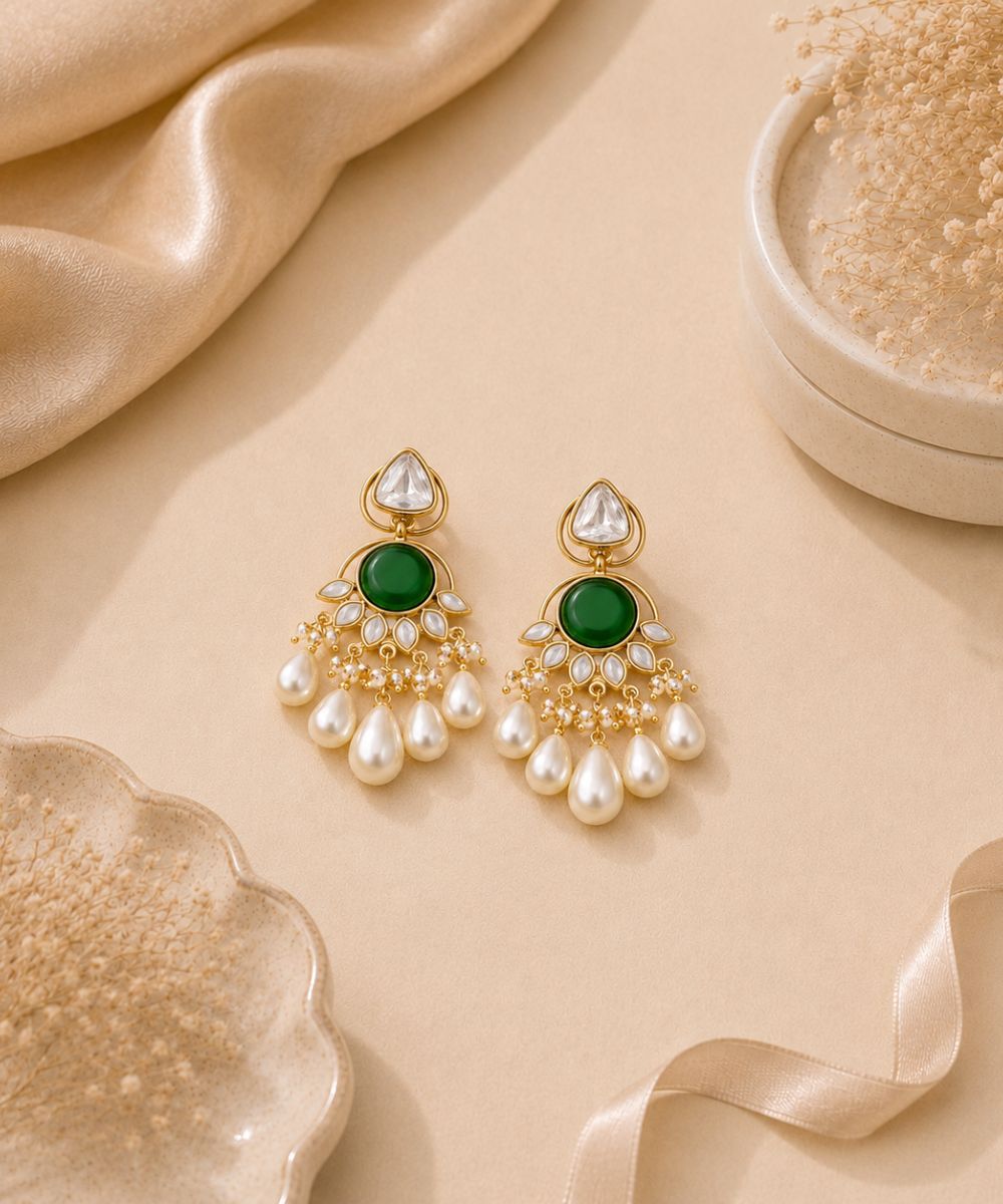 Gold Plated Green Stone Pearl Drop Earrings