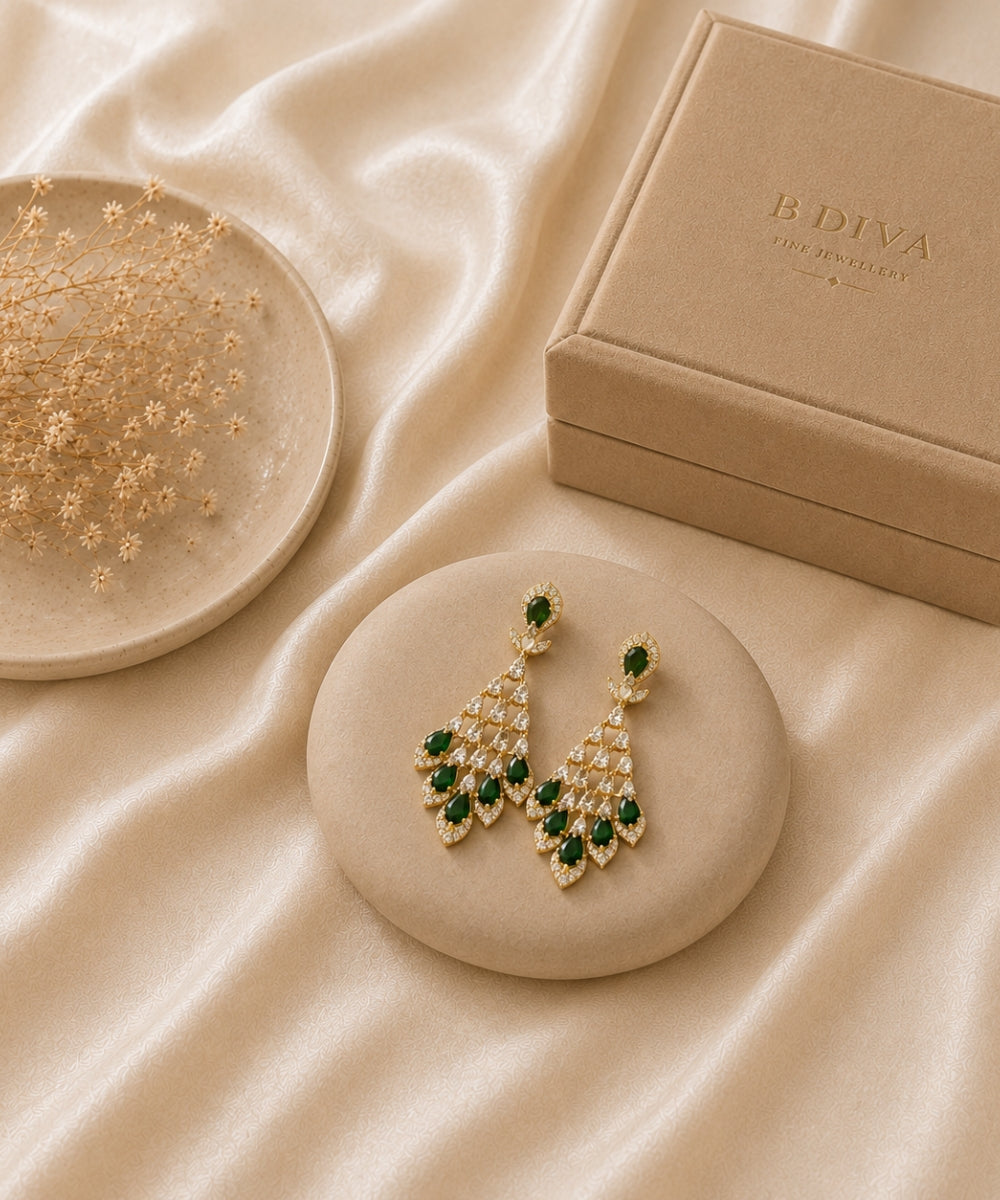 Gold Plated Green Cubic Zirconia Drop Earrings