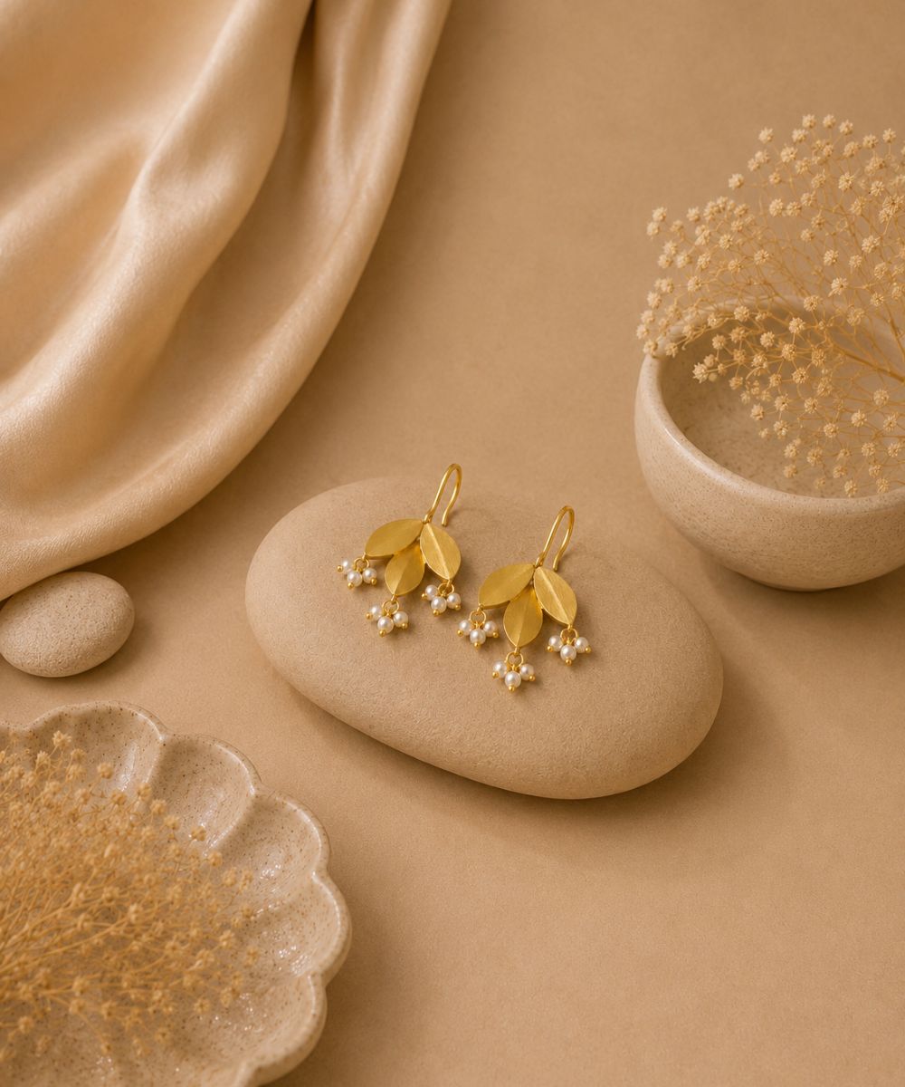 Gold-Plated Leaf Pearl Drop Earrings