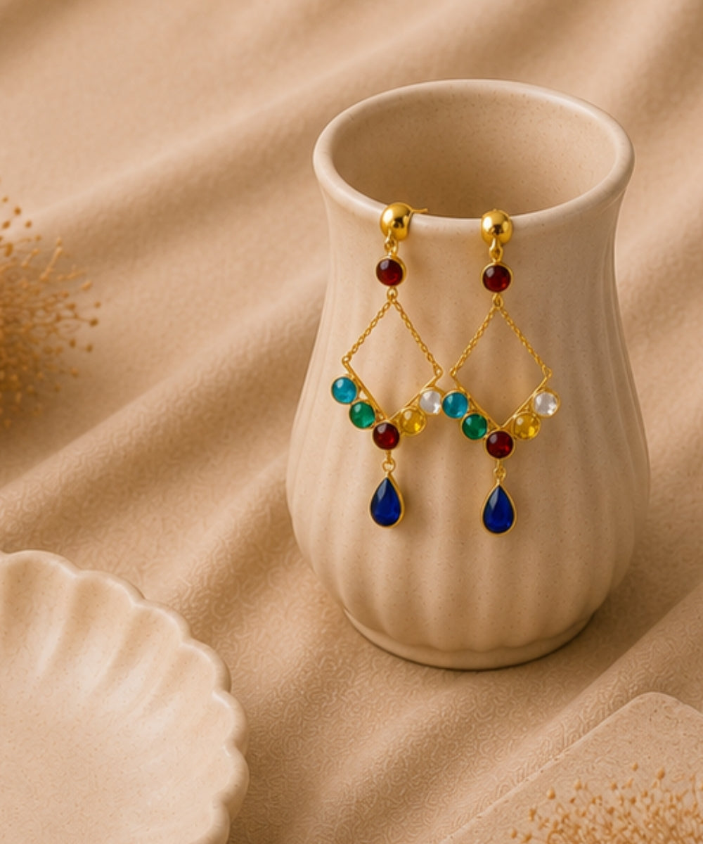 Gold Plated Multi Color Cubic Zirconia Drop Earrings
