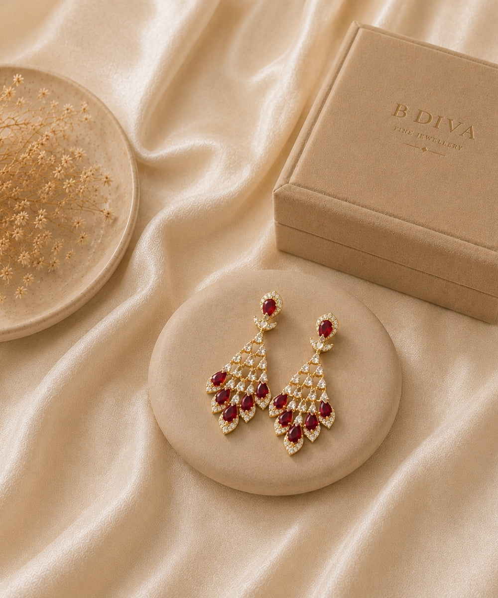 Gold Plated Red Cubic Zirconia Drop Earrings