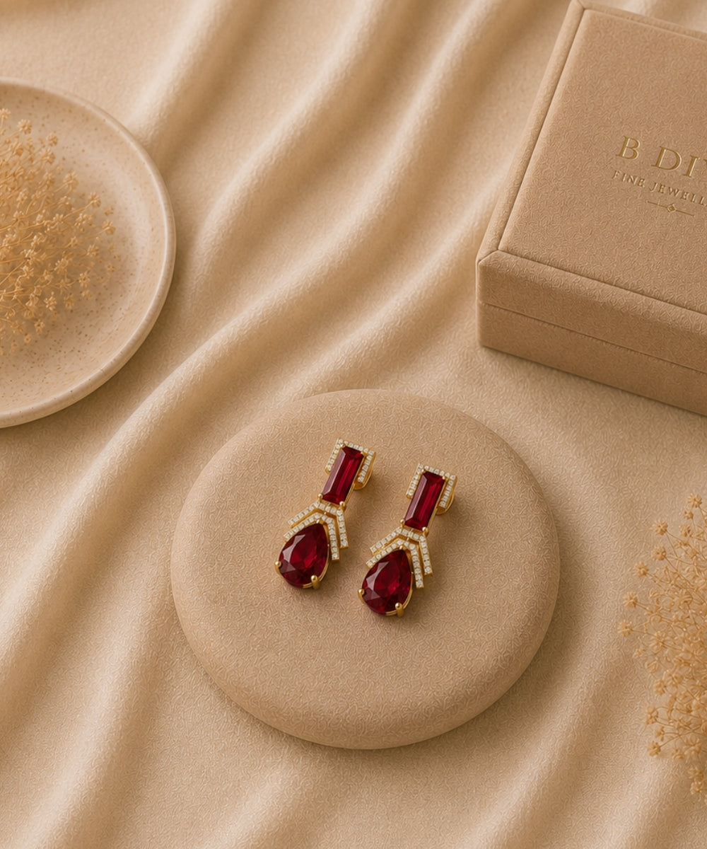 Gold Plated Red Cubic Zirconia Drop Earrings
