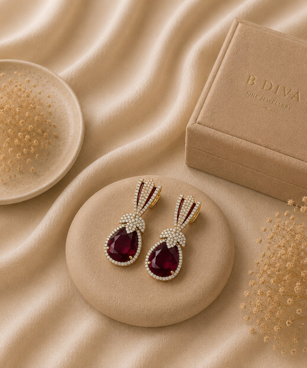 Rhodium Plated Halo Style Red Zirconia Drop Earrings
