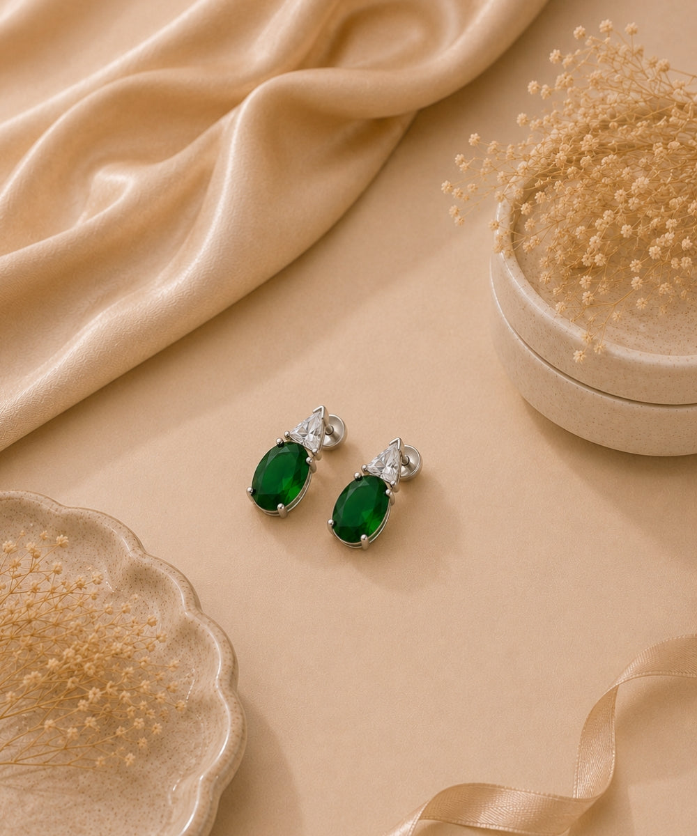 Rhodium Plated Green Stone Cubic Zirconia Drop Earrings