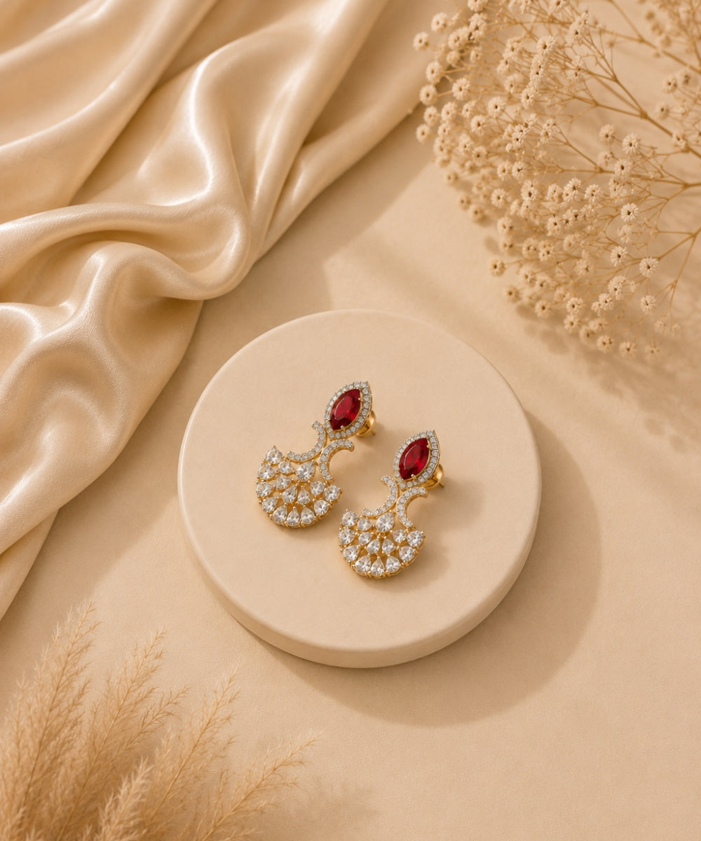 Gold Plated Red Cubic Zirconia Drop Earrings