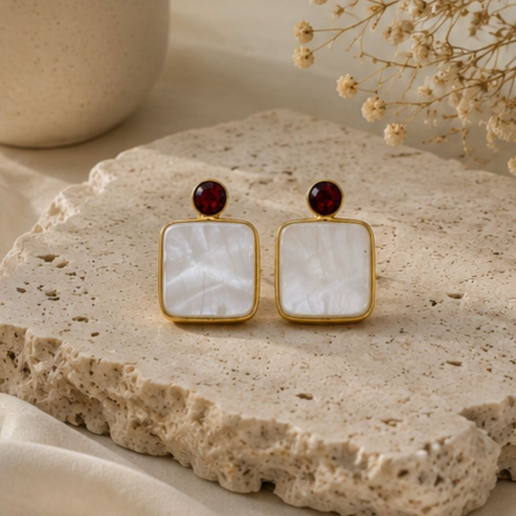 Gold Plated Mother of Pearl CZ Drop Earrings