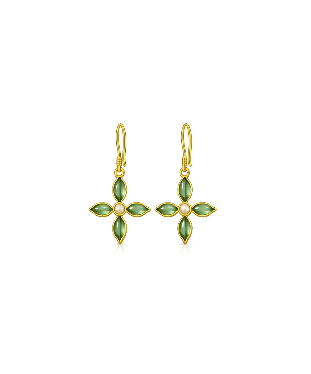 Gold Plated Green Floral Cubic Ziconia Pearl Drop Earrings