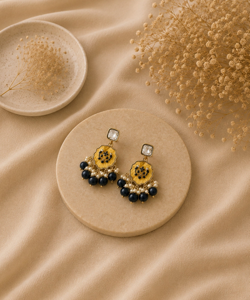 Gold Plated Kundan Navy Blue Pearl Drop Earrings