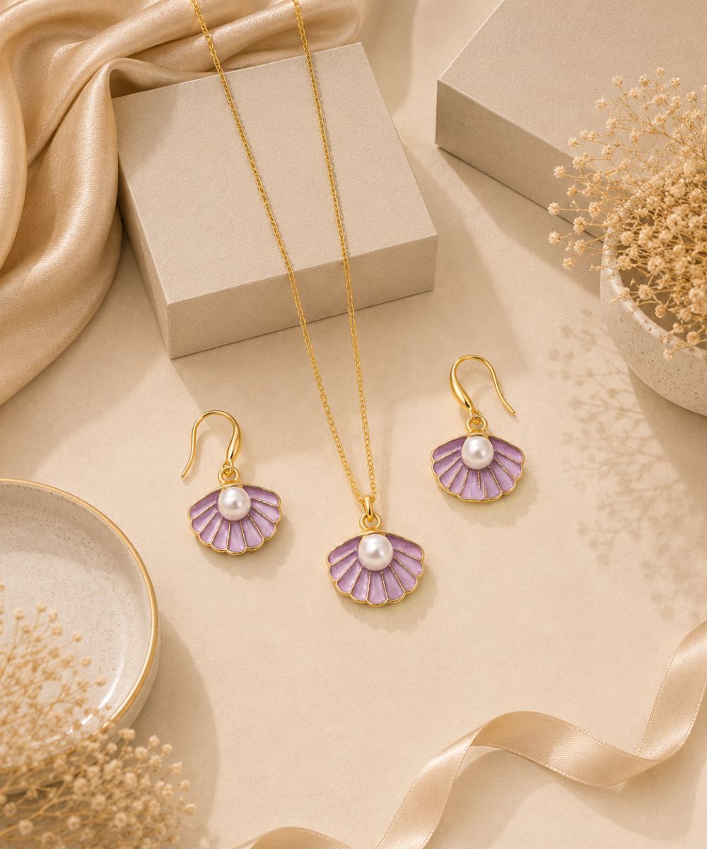 Gold Plated Purple Pearl Pendant Set