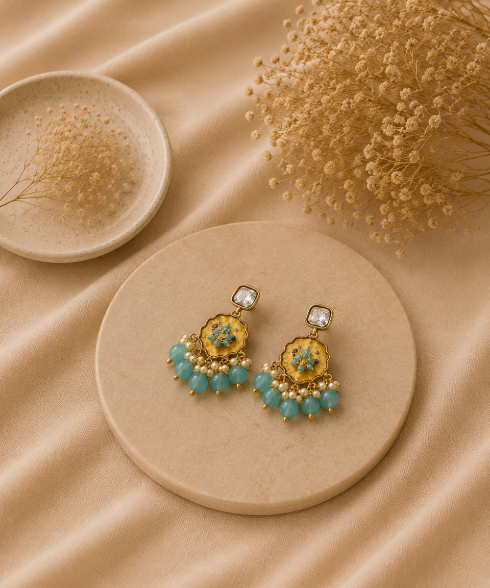 Gold Plated Kundan Blue Pearl Drop Earrings