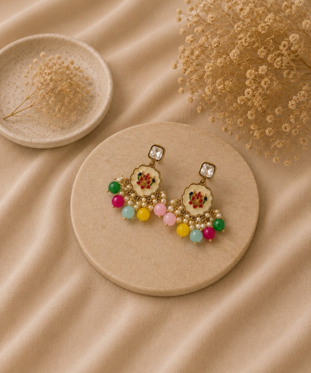 Gold Plated Kundan Multi Color Pearl Drop Earrings