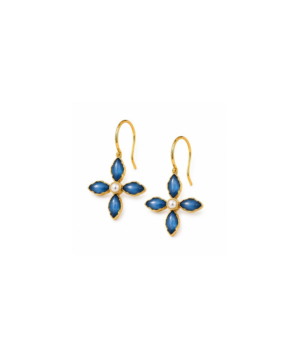 Gold Plated Blue Floral Cubic Ziconia Pearl Drop Earrings