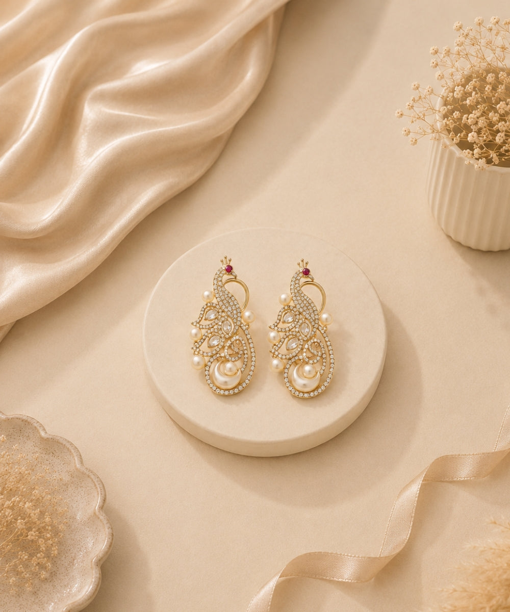 Rhodium Plated Cubic Zirconia Pearl Peacock Drop Earrings