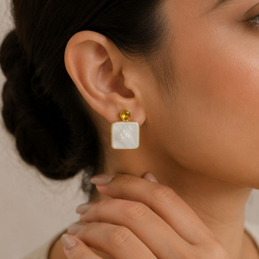 Gold Plated Mother of Pearl CZ Drop Earrings