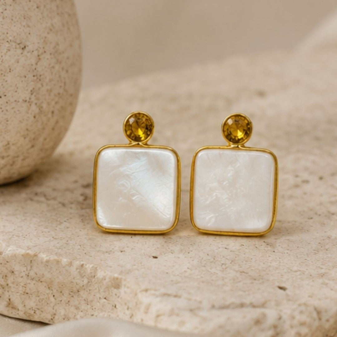 Gold Plated Mother of Pearl CZ Drop Earrings