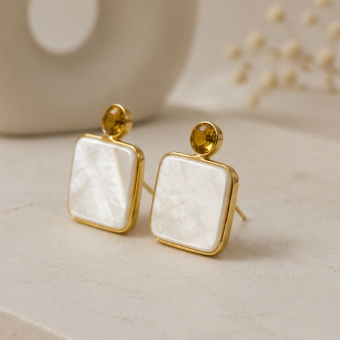 Gold Plated Mother of Pearl CZ Drop Earrings