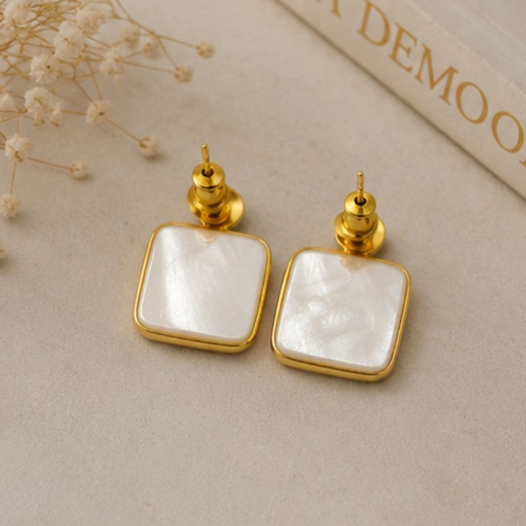 Gold Plated Mother of Pearl CZ Drop Earrings