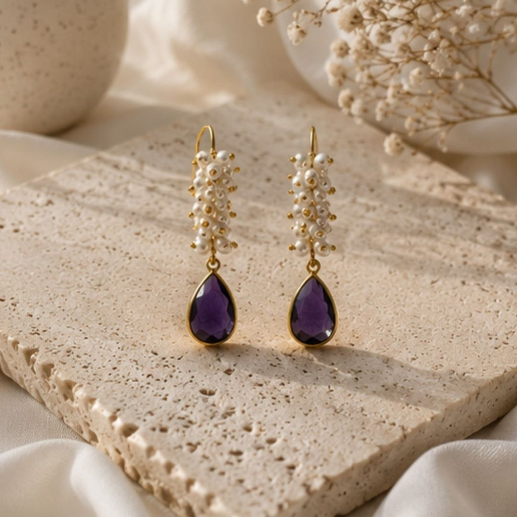Gold Plated Purple Cubic Zirconia Drop Earrings