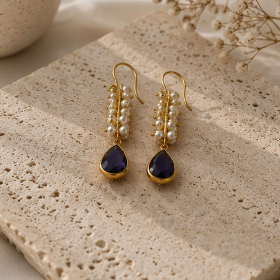 Gold Plated Purple Cubic Zirconia Drop Earrings
