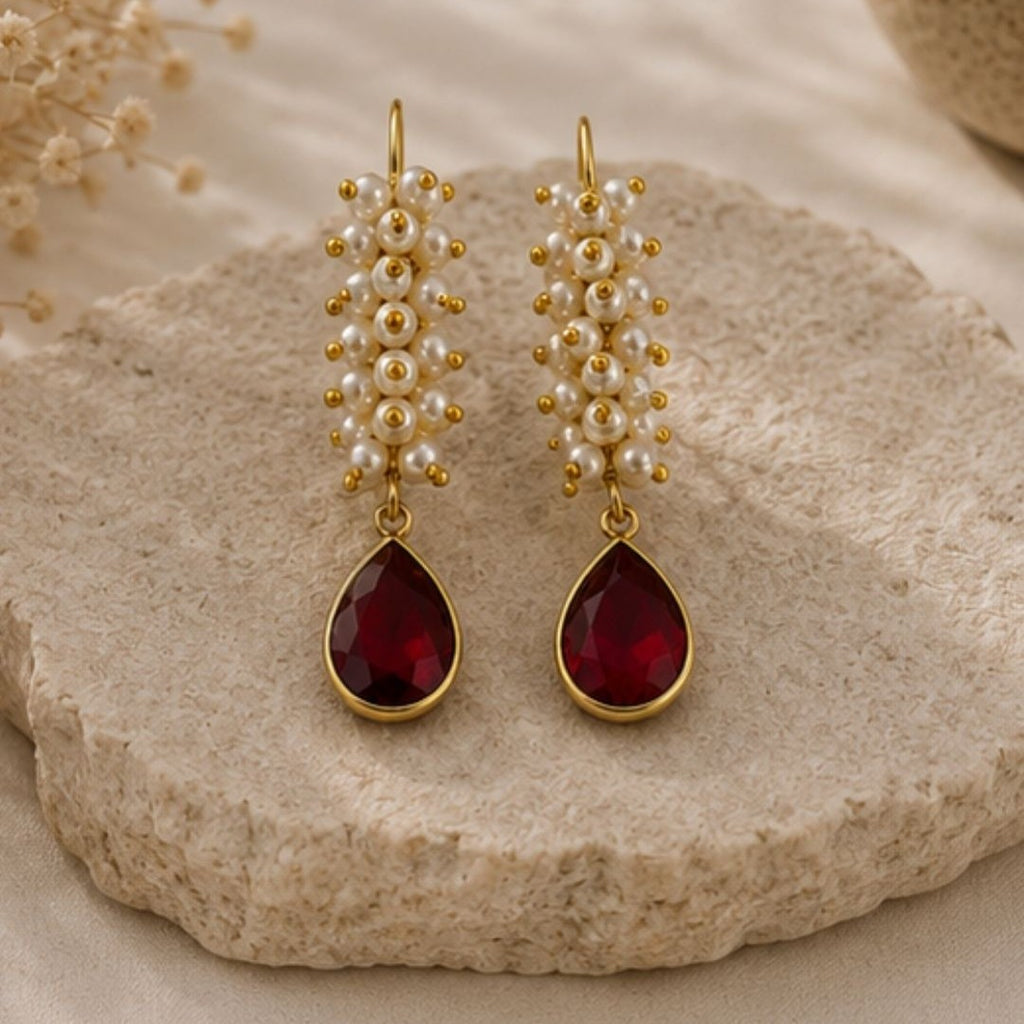 Gold Plated Red Cubic Zirconia Drop Earrings