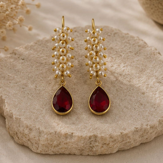 Gold Plated Red Cubic Zirconia Drop Earrings