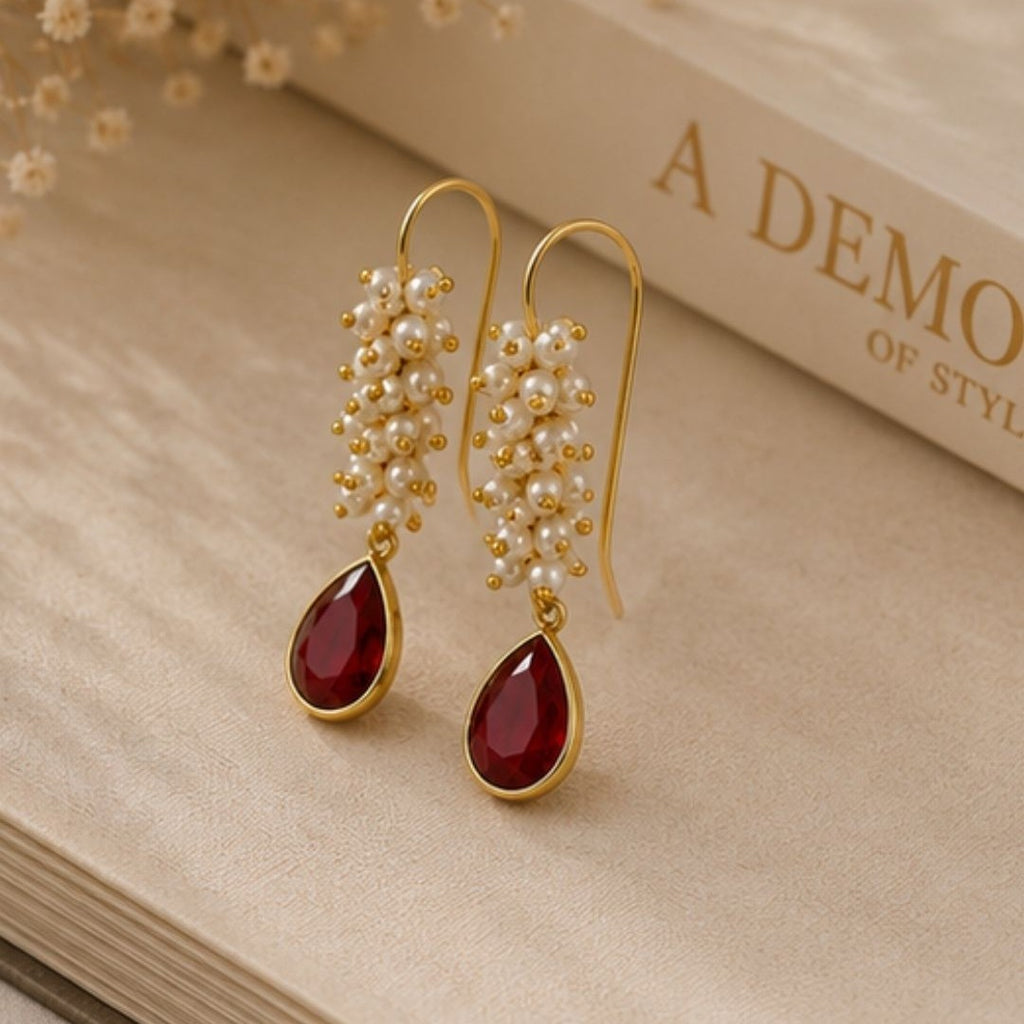 Gold Plated Red Cubic Zirconia Drop Earrings