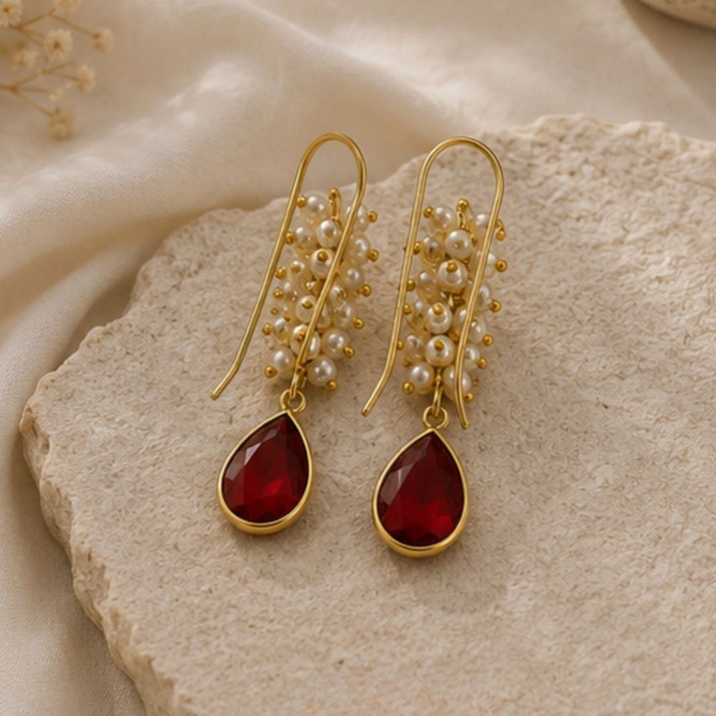 Gold Plated Red Cubic Zirconia Drop Earrings