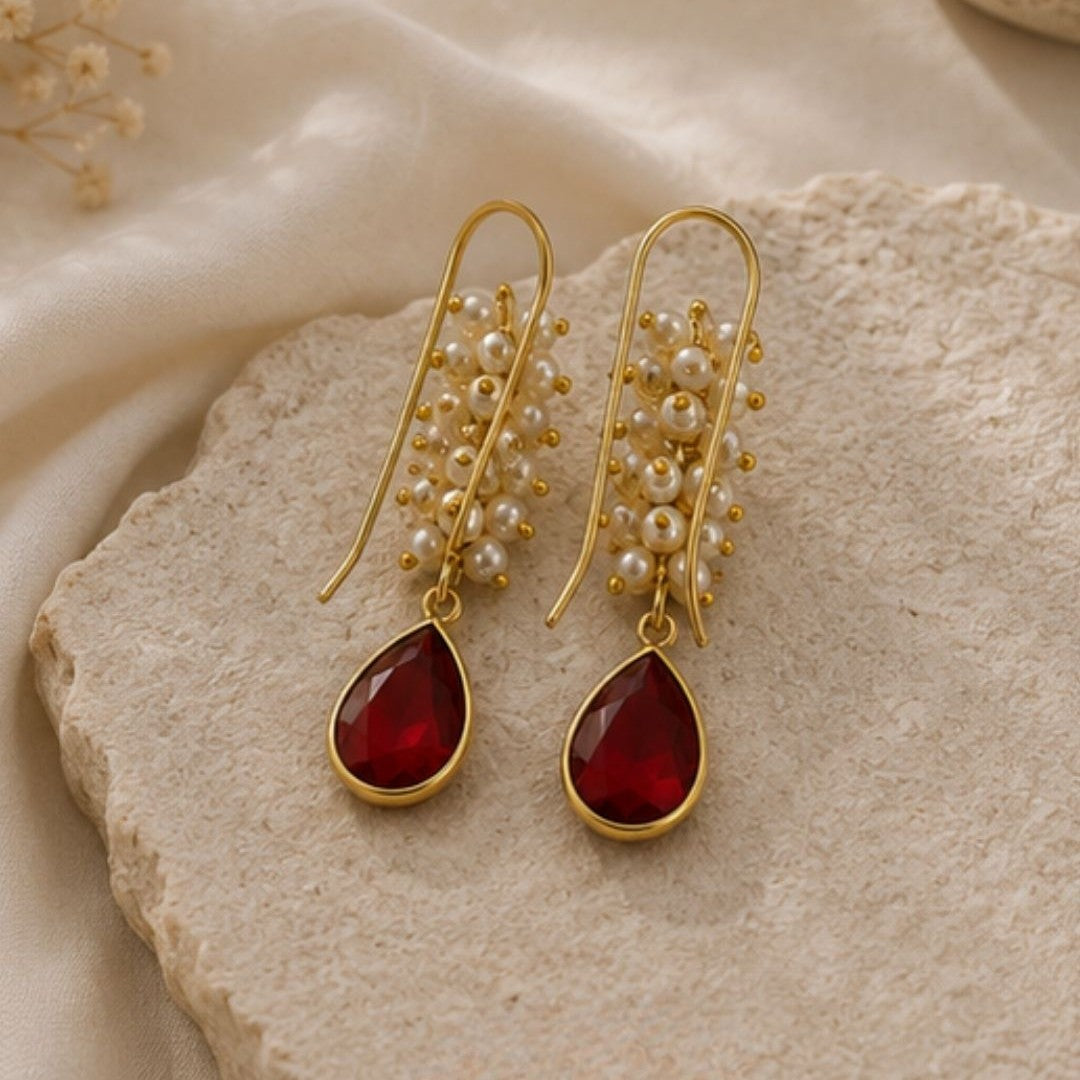 Gold Plated Red Cubic Zirconia Drop Earrings