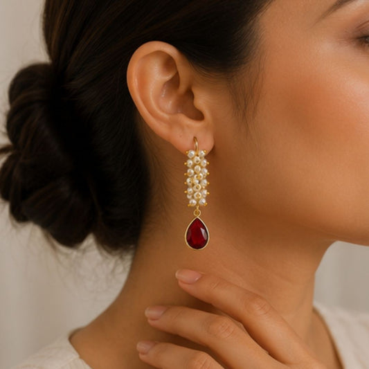 Gold Plated Red Cubic Zirconia Drop Earrings