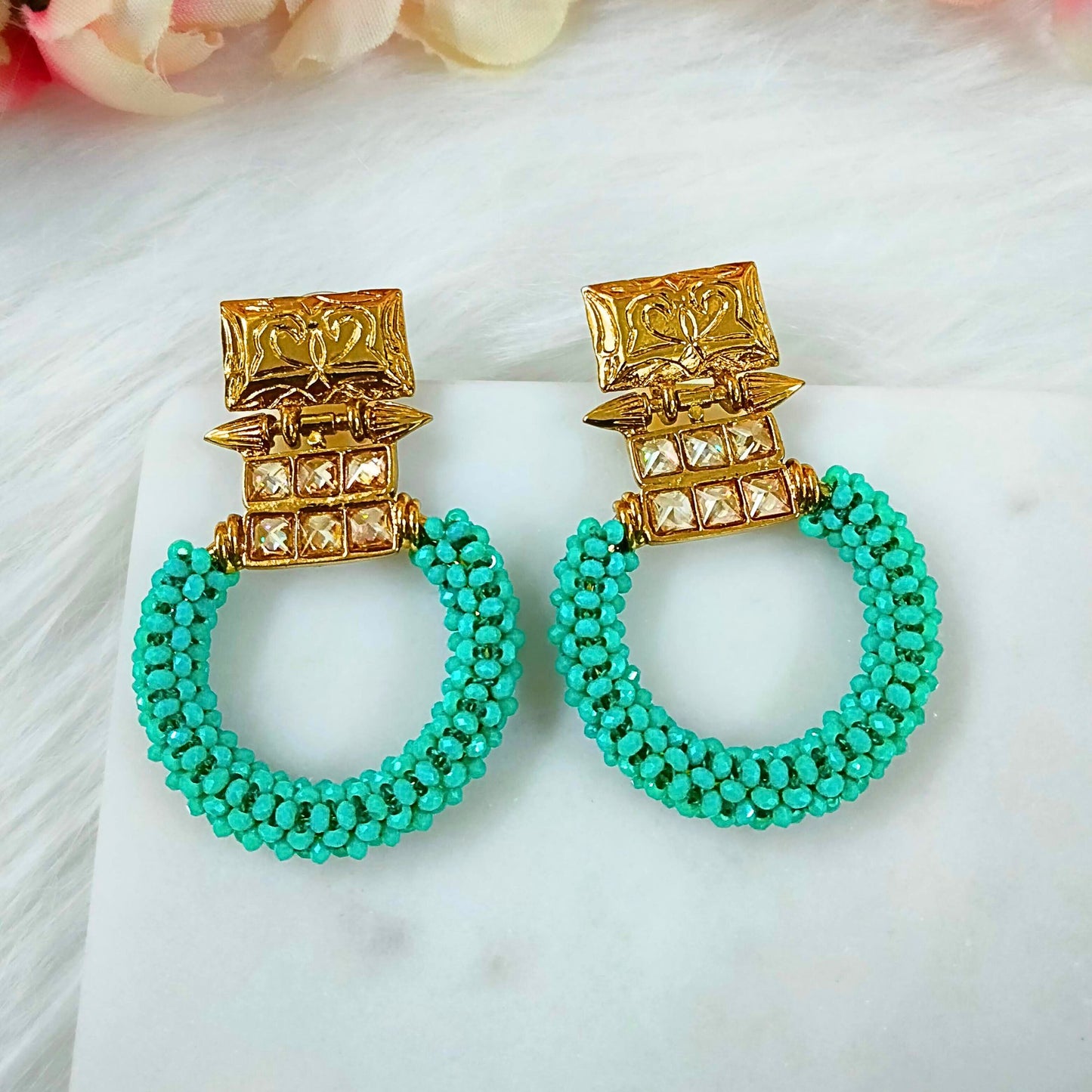 Bdiva 18K Gold Plated Kundan Turquoise Beads Earrings.