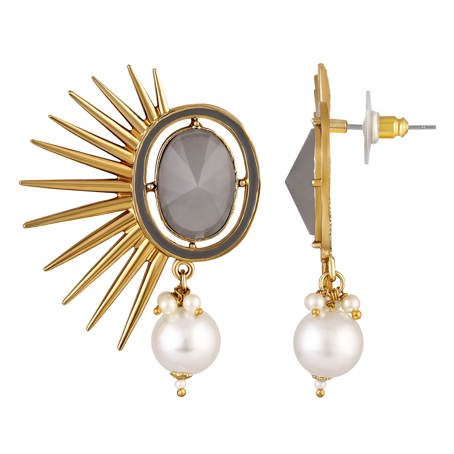 Bdiva 18K Gold Plated Grey Quarts Earrings With A Pearl Drop.
