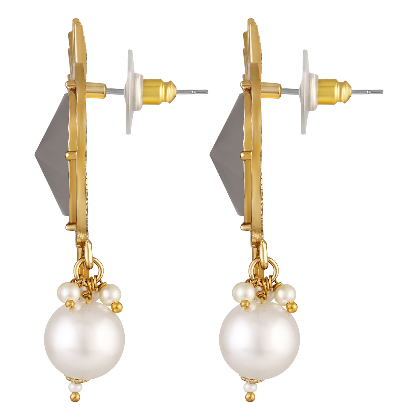 Bdiva 18K Gold Plated Grey Quarts Earrings With A Pearl Drop.