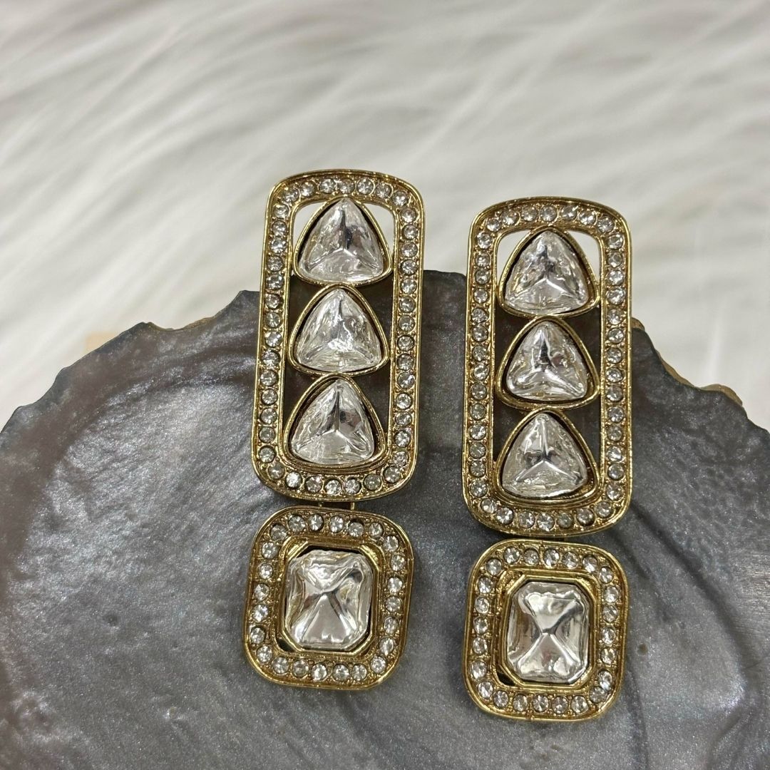 18K Gold Plated Regal Kundan Geometric Earrings