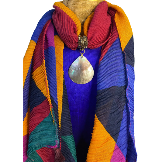 Bdiva Handmade Colour Blocked Scarf with Shell Pearl Pendant.
