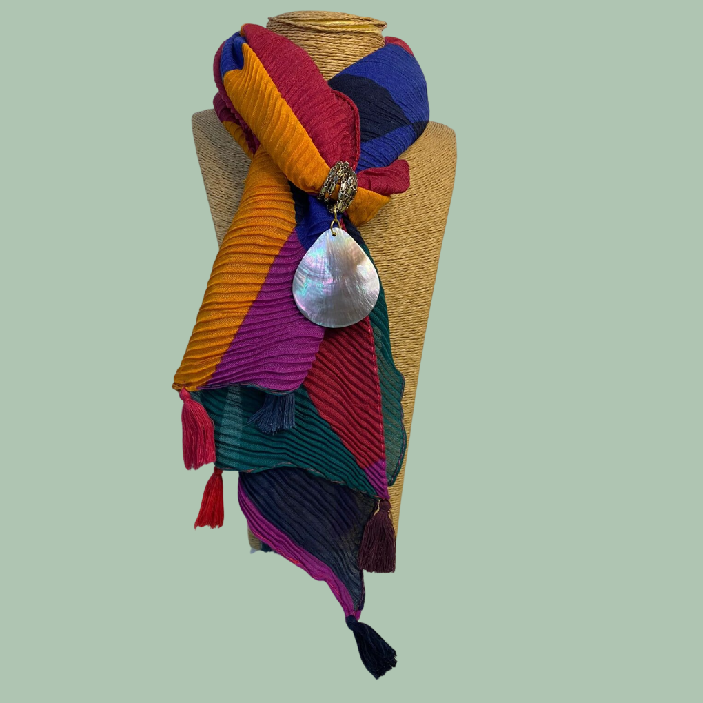 Bdiva Handmade Colour Blocked Scarf with Shell Pearl Pendant.