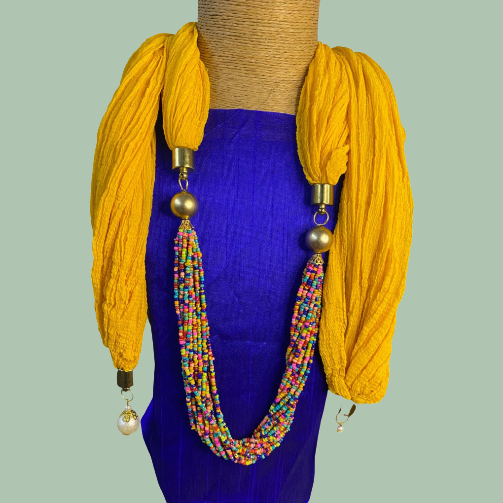 Bdiva Handmade Yellow Scarf With Multicolored Seed Beads Necklace.