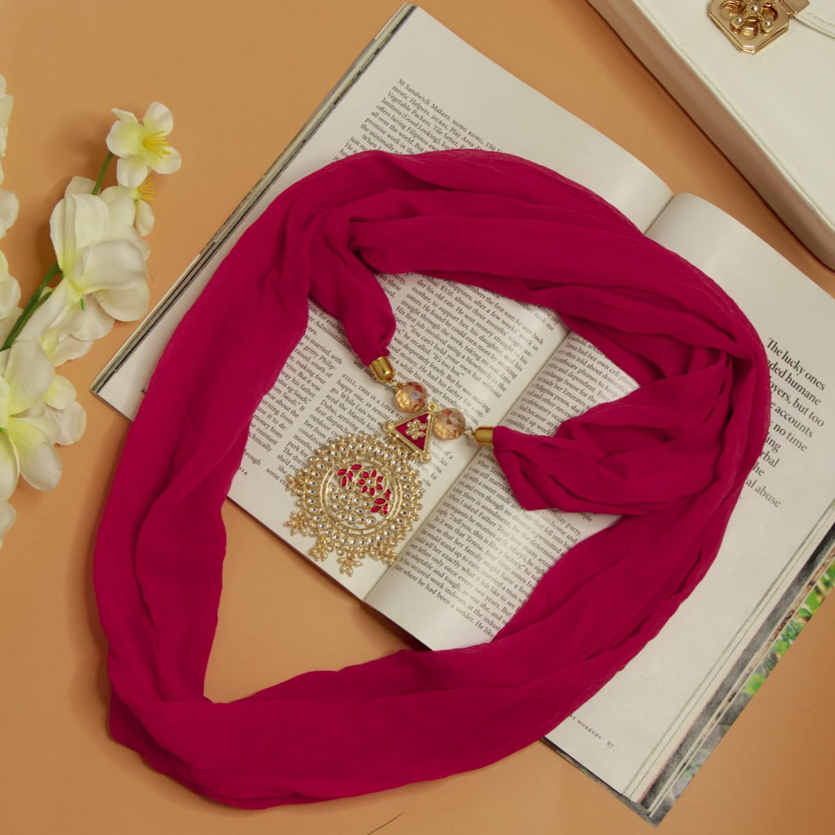 Bdiva Pink Georgette Scarf With Indian Jewelry And Motif